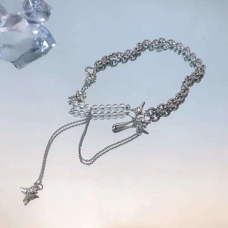 1 Stück Silber Halskette Damen Licht Luxus Punk Stil Teardrop Mansarde Quaste Anhänger Handperlen O-förmige runde Kette Schmuck