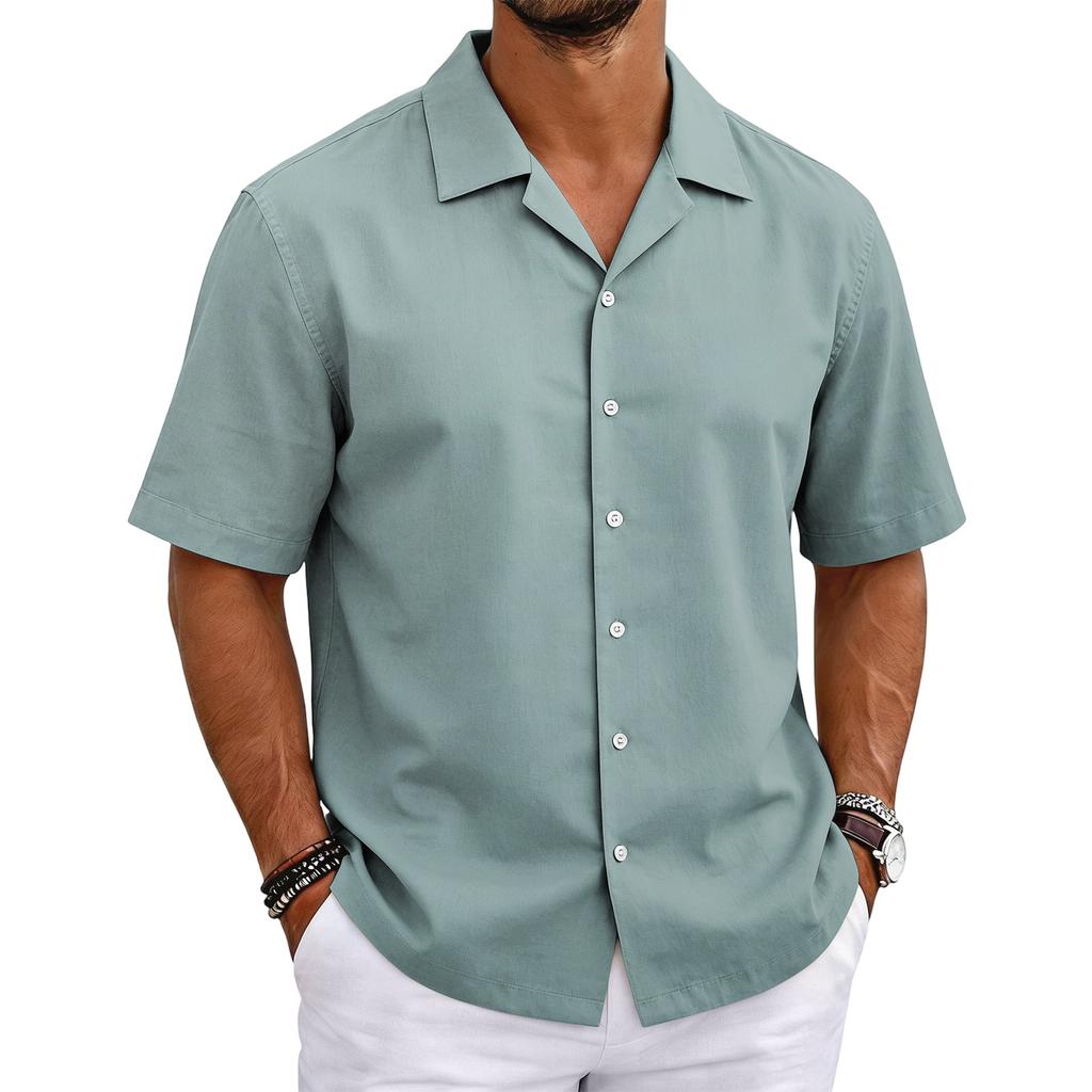 Men's Short Sleeve Cuban Collar Shirt Button Down Casual Lightweight Summer Shirt with Relaxed Fit Breathable Fabric