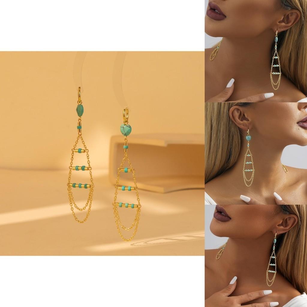 Gold Elegant Natural Stone Earrings With Trendy Fringe And Detail Chain