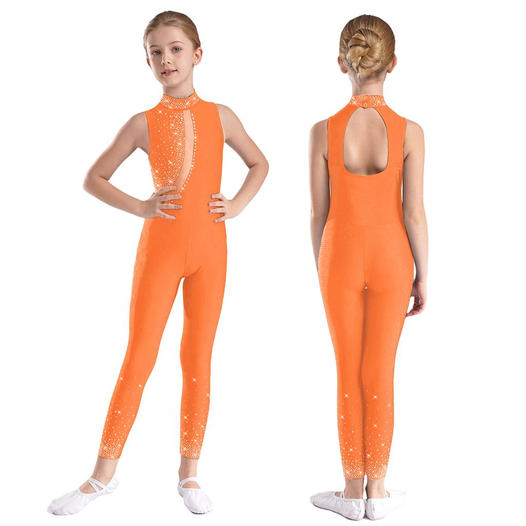 Jenter Rhinestone Mesh Jumpsuit Mock Neck Ermeløs Utringet Rygg Bodysuit for Kunstløp Gymnastikk Opptreden
