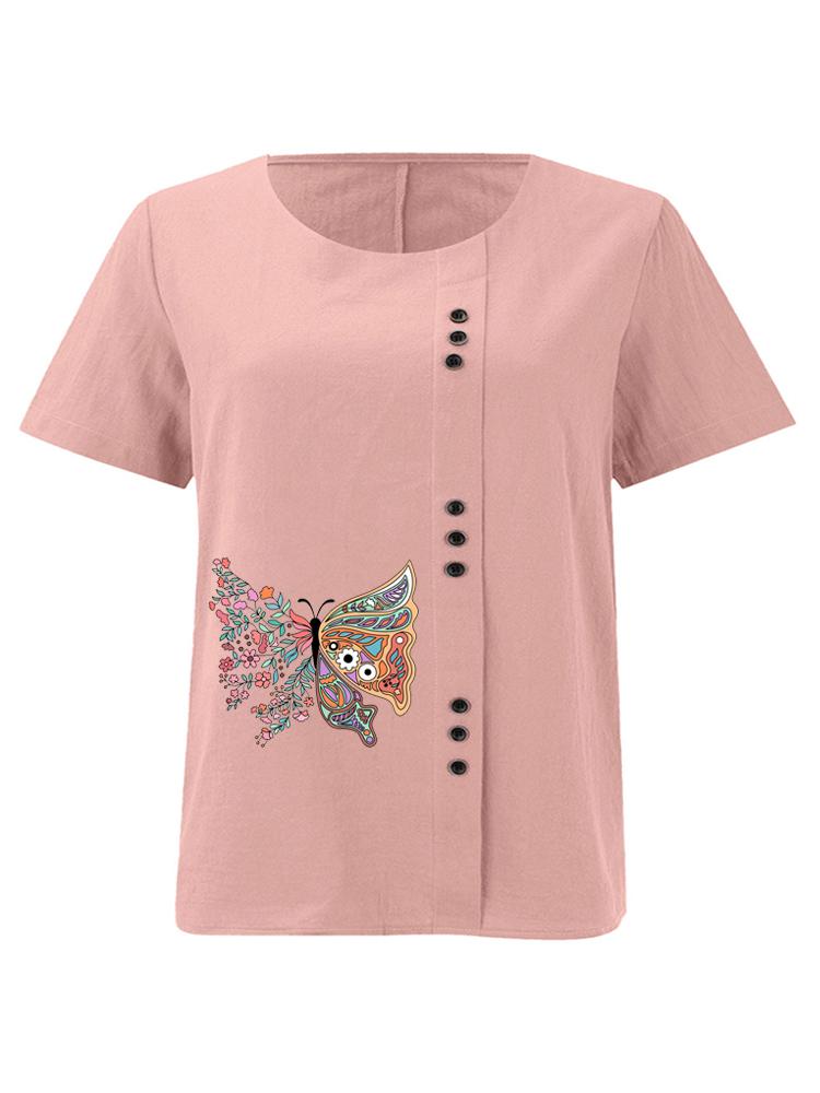 Women s Fashion Butterfly Pattern Print Shot Sleeve T-shirt Loose Cotton Shirt Casual Loose Summer Plus Size Blouse Tops S розовый