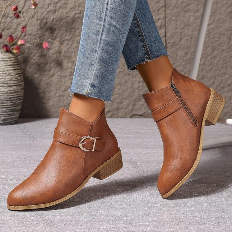 Fashion Roman Retro Short Boots Women 2025 Spring Autumn Shoes Casual Round Head Thick Low Heels Brown Side Zipper Ankle Boots for Women