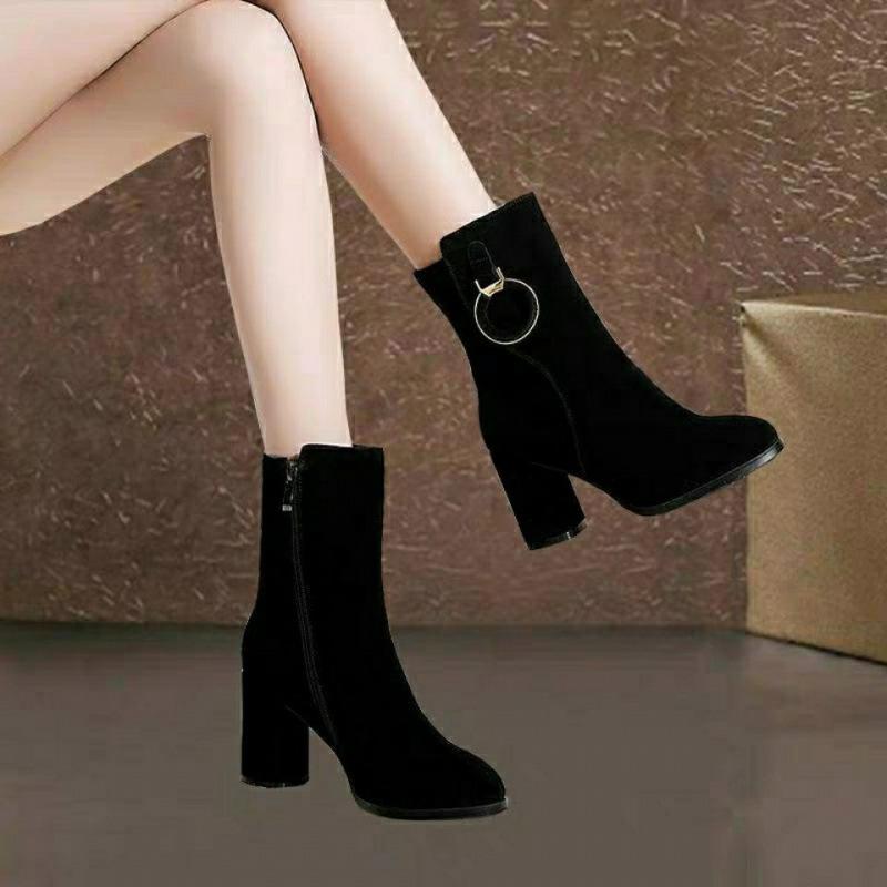 

Осенние и зимние сапоги женские флисовые толстые каблуки с боковой молнией ботинки Martin интернет знаменитости тонкие полусапожки большого размера тонкие бархатные прямые сапоги 35