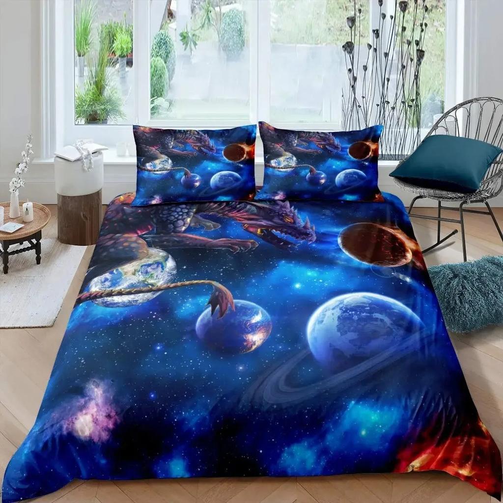 Ice Fire Dragon Duvet Cover Set for Boys Oriental Beast Bedding Set Eastern Auspicious Animals Fairy Tale Comforter Cover