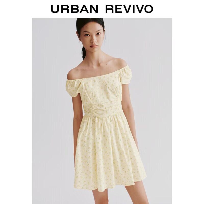 UR2026 Women s Casual Floral Print Shirred Cotton Dress M