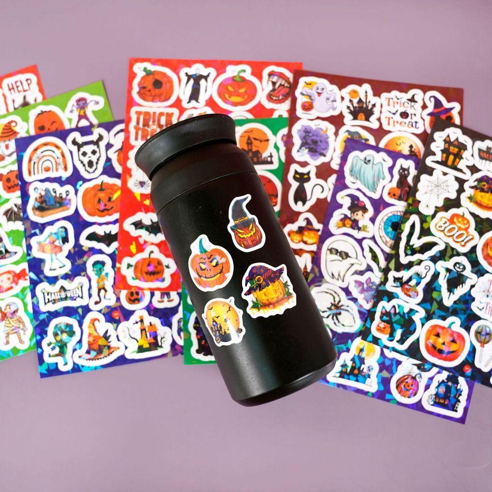 160PCS 8 Sheets Cartoon Spider Pumpkin Halloween Stickers Ghost Bat Vinyl Holographic Stickers Self-adhesive Multicolor