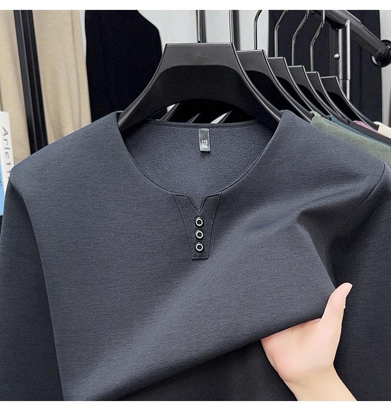 2025 Men's V-Neck Long Sleeve Plus Velvet Thickened T-shirt - Autumn/Winter, Youth Plus Size, Solid Color Base Layer