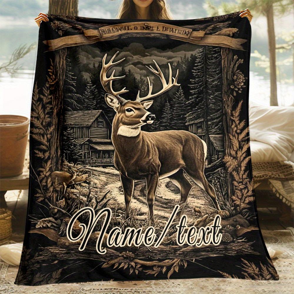 Custom Deer Hunting Fleece Blanket Personalized Name Text Forest Cabin Print Throw Soft Warm All Season Bedding Gift For Hunters