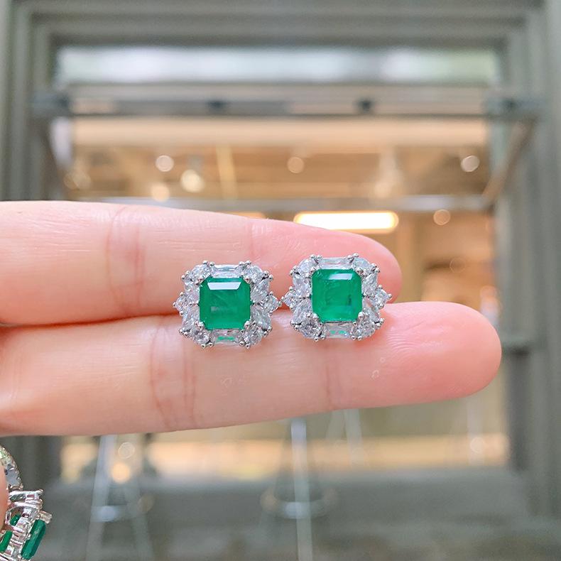 Small Square Emerald Jewelry Set Internet Famous Noblewoman Necklace Pendant Ring Earring Women's
