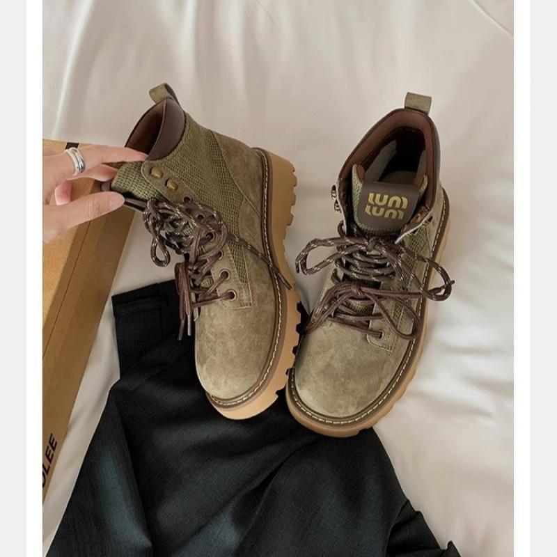 Cowhide Short Boots Double Shoelaces Platform Classic Leather Martin Boots Women's Outdoor Mountaineering Tooling Boots