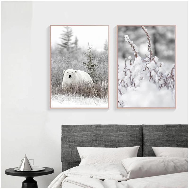 Scandinavian Poster and Print Winter Nature Landscape Canvas Painting Beer Deer Animal Wall Art Picture Nordic Style Home Decor
