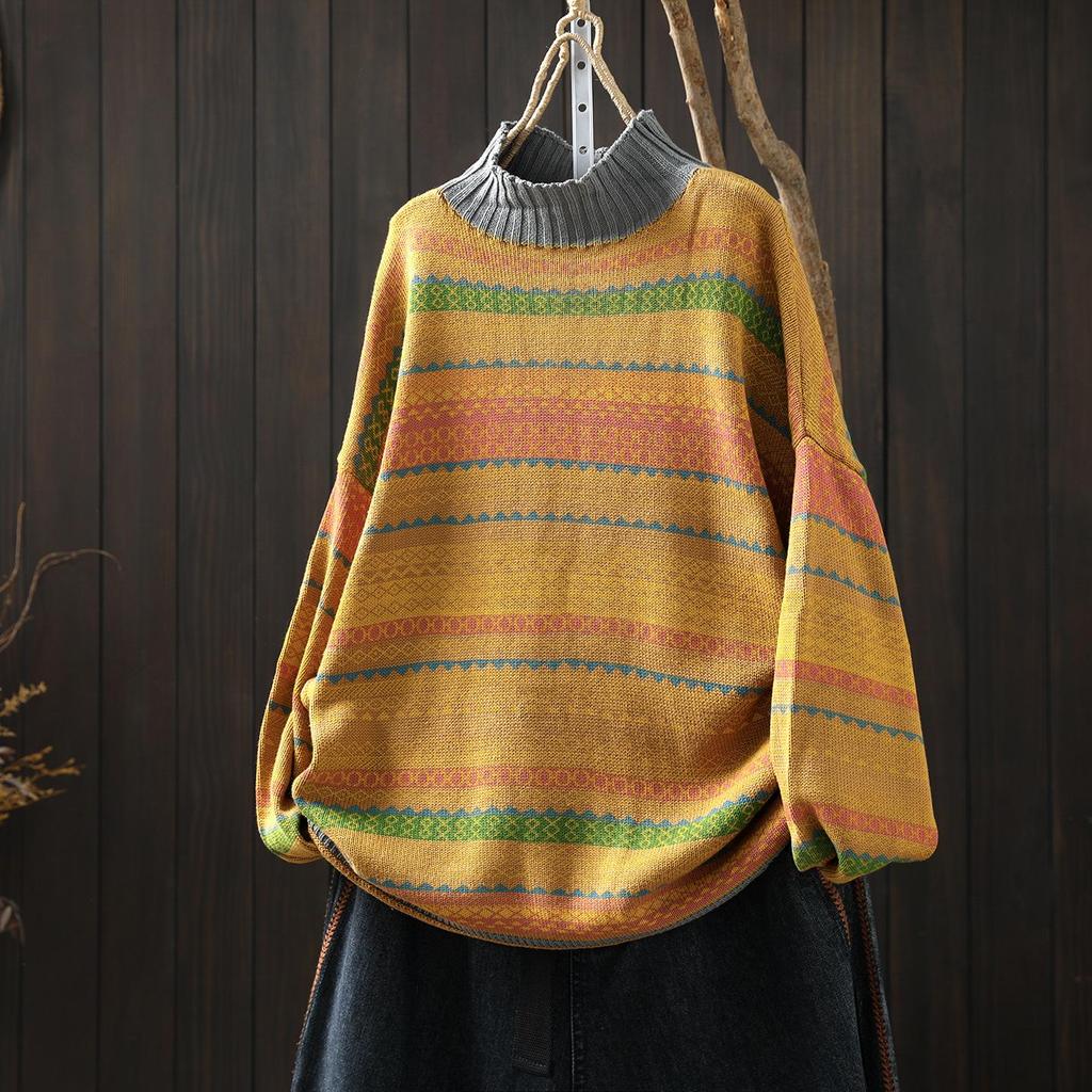 Winter Women's Colorful Striped Oversized Knit Sweater with Half-High Collar