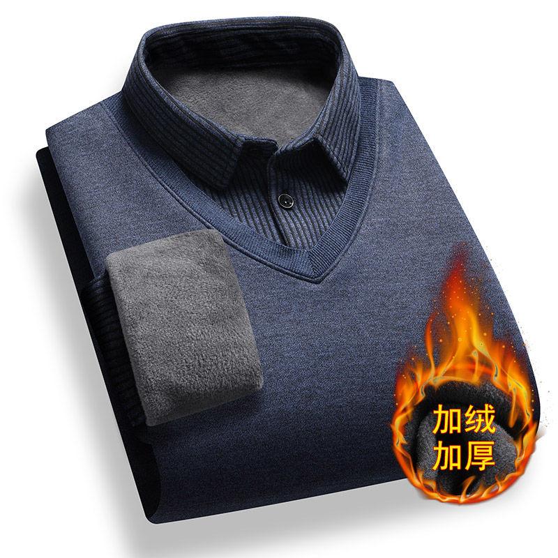 

Man Clothes Fake Two Piece Fleece-lined Sweater Men s Knitted with Plush Thick Pullover Warm shirt collar Bottom Shirts Sweater 4XL