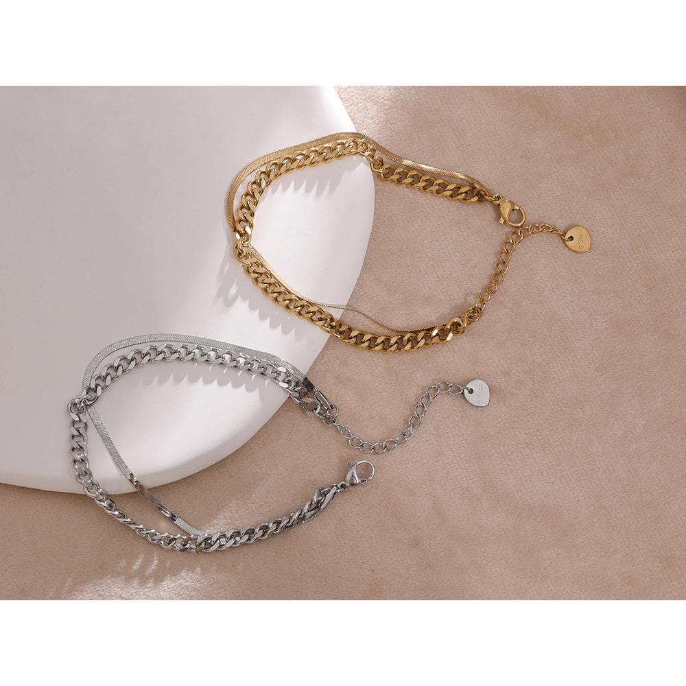 Yhpup Stainless Steel Double Layered Chain Bangle Bracelet Trendy Golden Stylish Unique Design Jewelry Female Party Men Gift