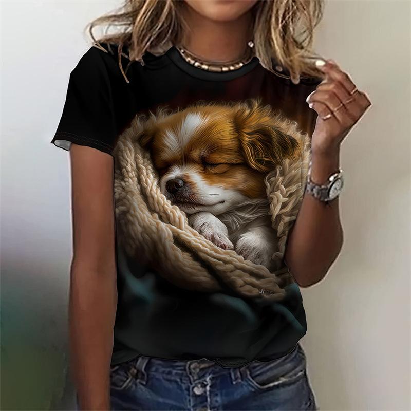 Tägliches Rundhals-Sommer-Damen-T-Shirt mit kurzen Ärmeln, 3D-Druck, kleiner Hund, lässiges T-Shirt