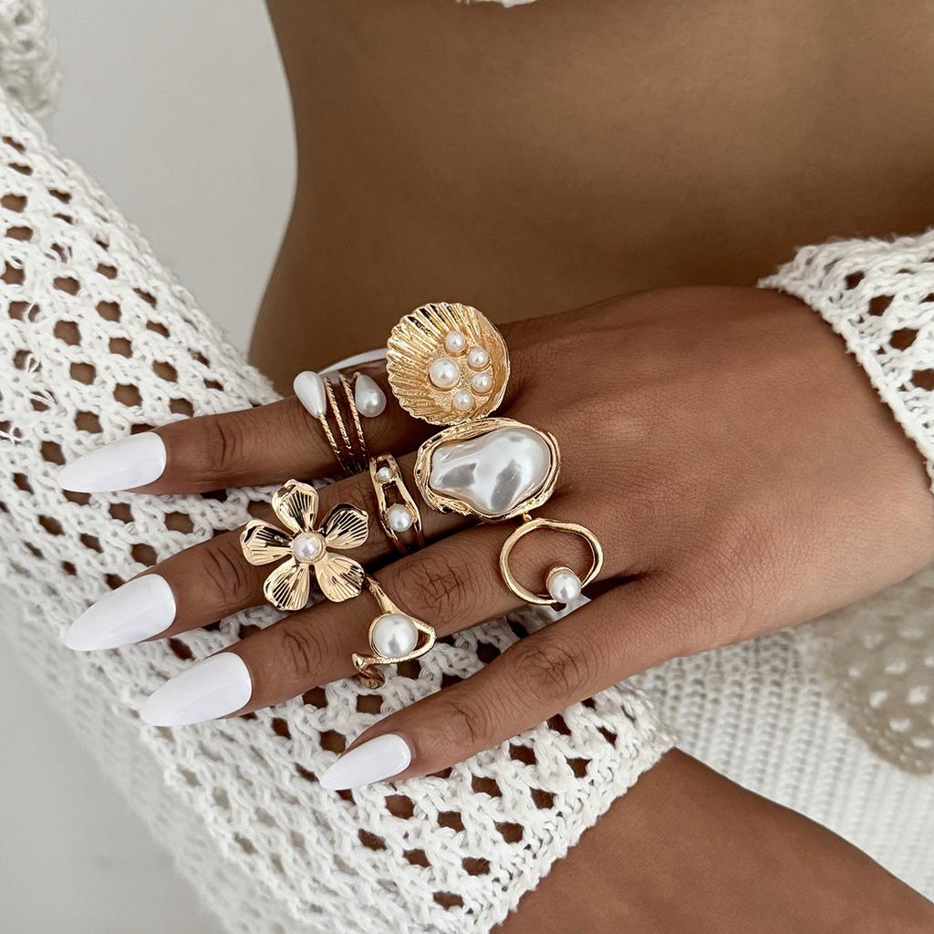 S/Set Vintage Irregular Baroque Imitation Pearl Rings For Women Boho Metal Flower Shell Geometric Finger Ring Party Jewelry