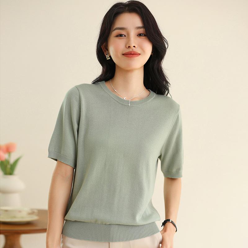 Spring Cotton Knit Short Sleeve Outerwear - Round Neck Loose Fit Solid Color Top