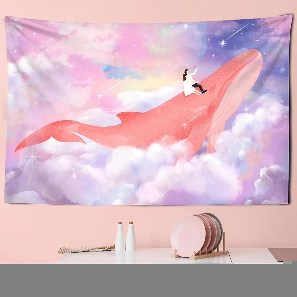 Tapestry Aesthetics Cartoon  Sky Dolphin  Pink Purple Cloud  Bedroom Wall Home Decoration