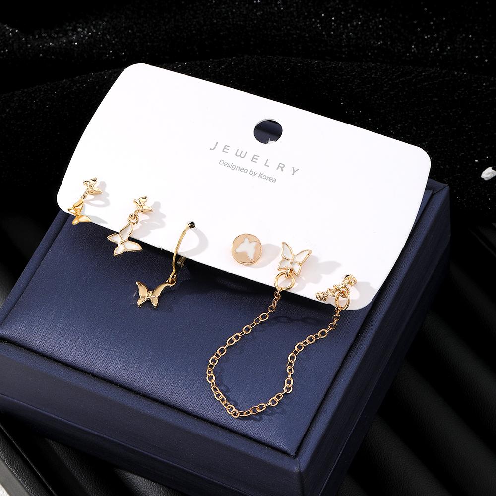 Weißgold, elegante Mädchen-Schmetterlings-Ohrringe, Studentin, Quaste, Glamour, sexy Nachtclub-Accessoires, Geschenk, weiße Tropfkette, Schmetterling, kardiert, 5er-Set Gold