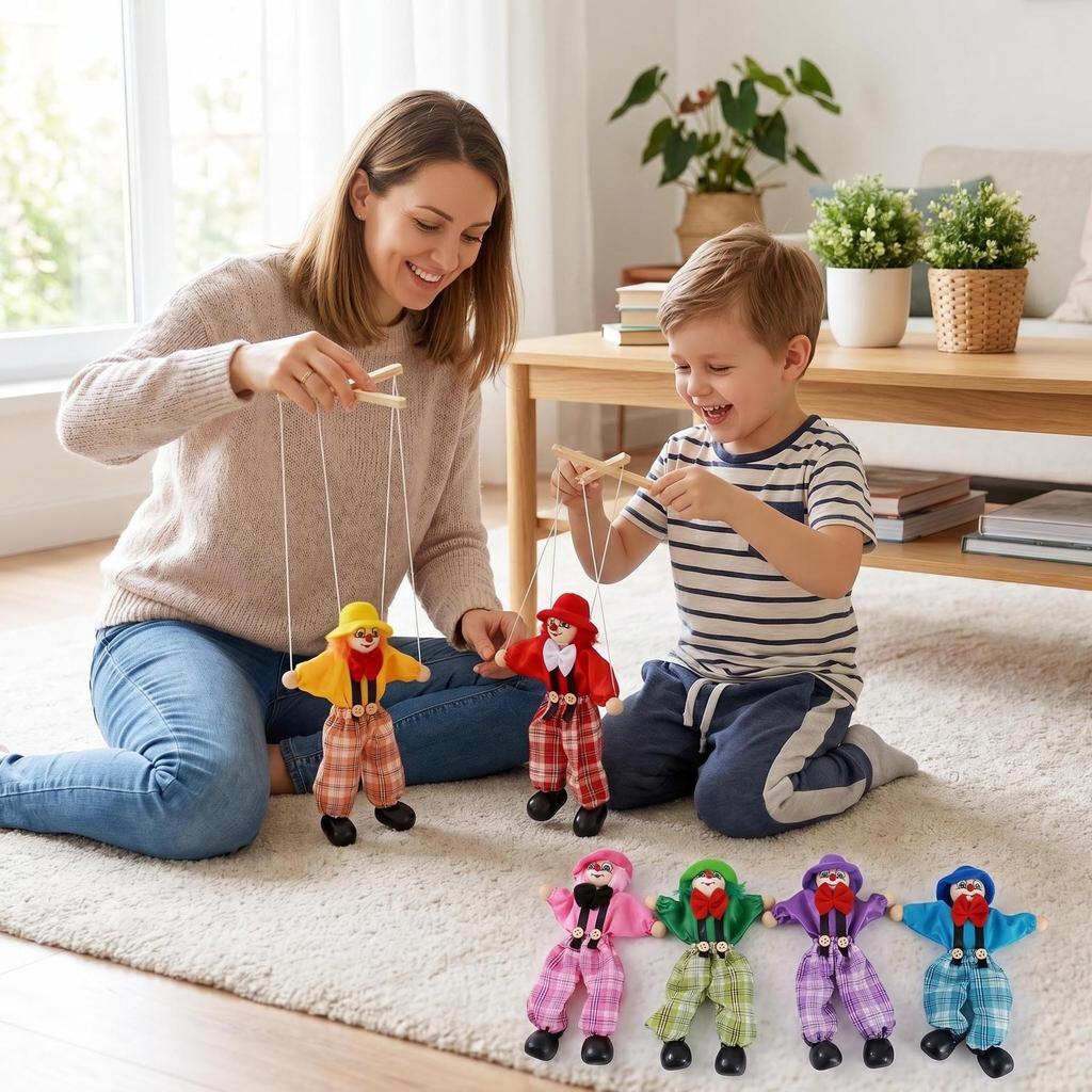 Colorful Handmade Wooden Clown String Puppet Toy for Parent-Child Interaction