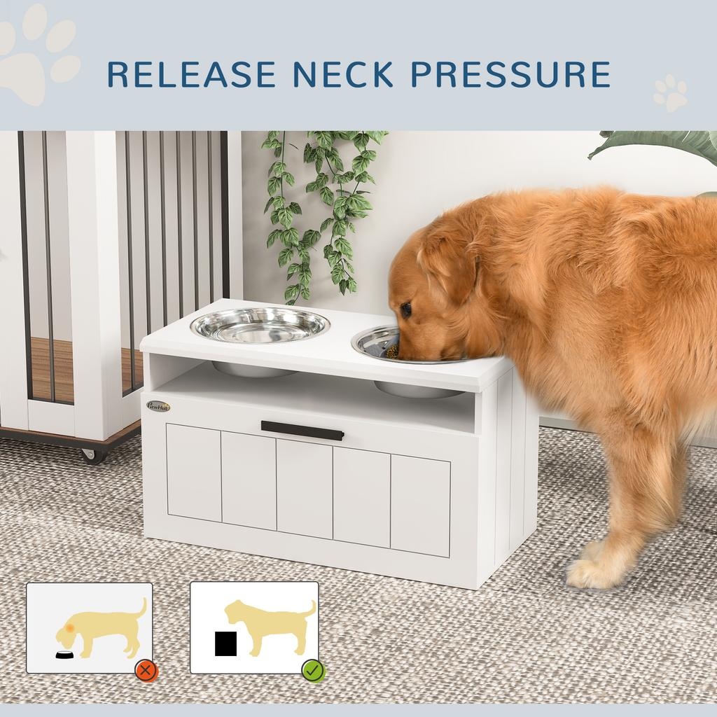 Raised Dog Bowl with Slow Feeder, Two Stainless Steel Dog Bowls, Drawer, for Large and Extra Large Dogs, White