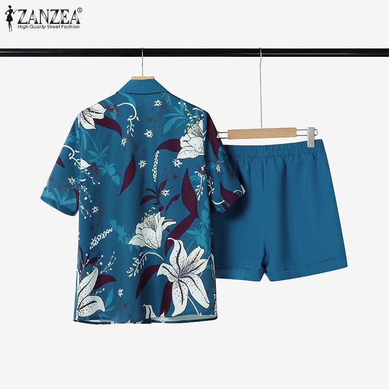 ZANZEA Women Short Sleeve Print Blouse and Shorts Summer Two Piece Suit Sets