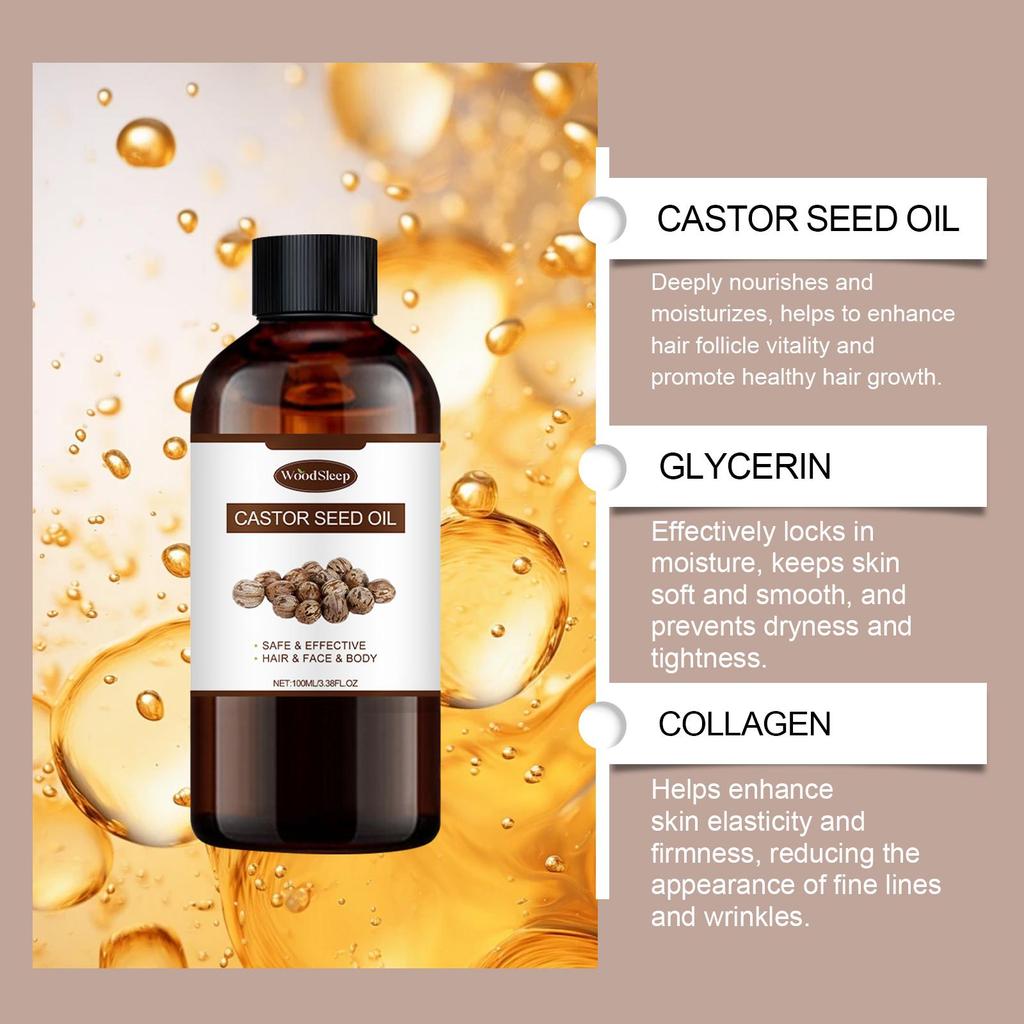 WoodSleep Castor Oil 100ml: Deep Hydration + Follicle Repair! Natural Formula, Suitable for Face/Body/Eyebrows & Eyelashes