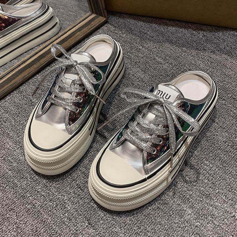 European products popular bag head half slippers women's 2025 spring new thick-soled heightening niche canvas shoes super fire white shoes