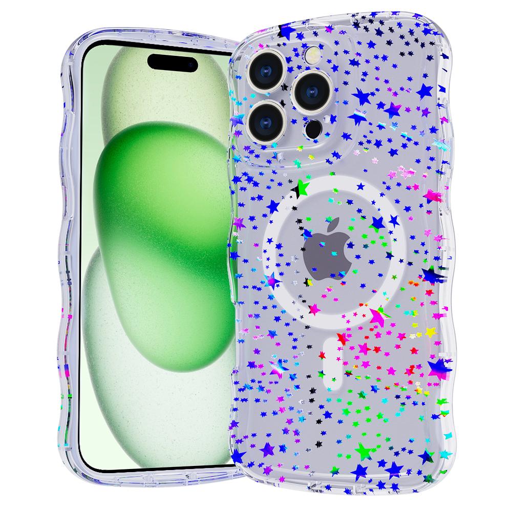 For iPhone 16 Pro Max Magnetic Case Wave Edge Glitter TPU Phone Back Cover