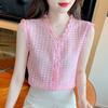 Sweet Solid Color V-Neck Lace Patchwork Shirt Fashion Button Hollow Out Women's Clothing Summer Commute Sleeveless Blouse