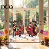 Easy Install Window Pavement Day of The Dead Clings, Halloween Double-Sided Skull Sticker, Ethnic Pattern Wall Art Colorful Flower Skeleton