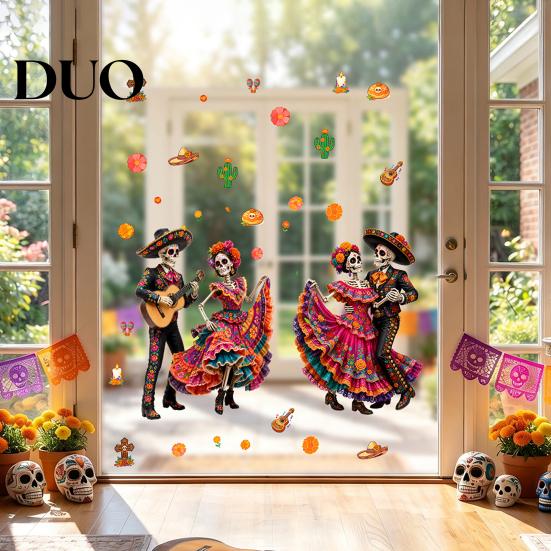 Easy Install Window Pavement Day of The Dead Clings, Halloween Double-Sided Skull Sticker, Ethnic Pattern Wall Art Colorful Flower Skeleton