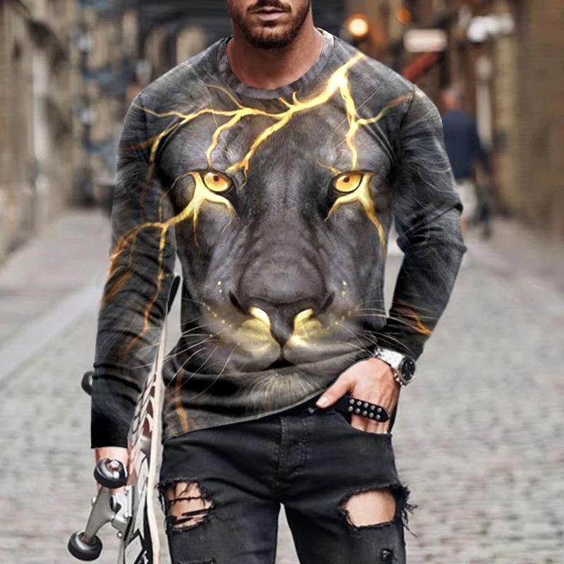 Funny 3D Lion Printed Long Sleeve T-shirt Fashion Animal Pattern Men's Tops Casual O-neck Oversized Pullover Autumn Men Clothing