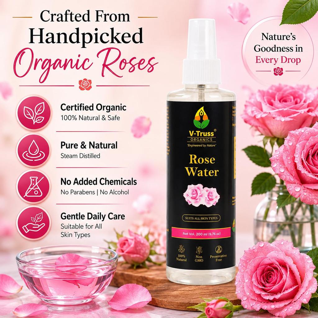 V-Truss Organics Rose Water Toner for Face & Skin - 200ml | Pure Natural Gulab Jal for Hydration, Refreshing Facial Mist & Skin Care | Paraben Free