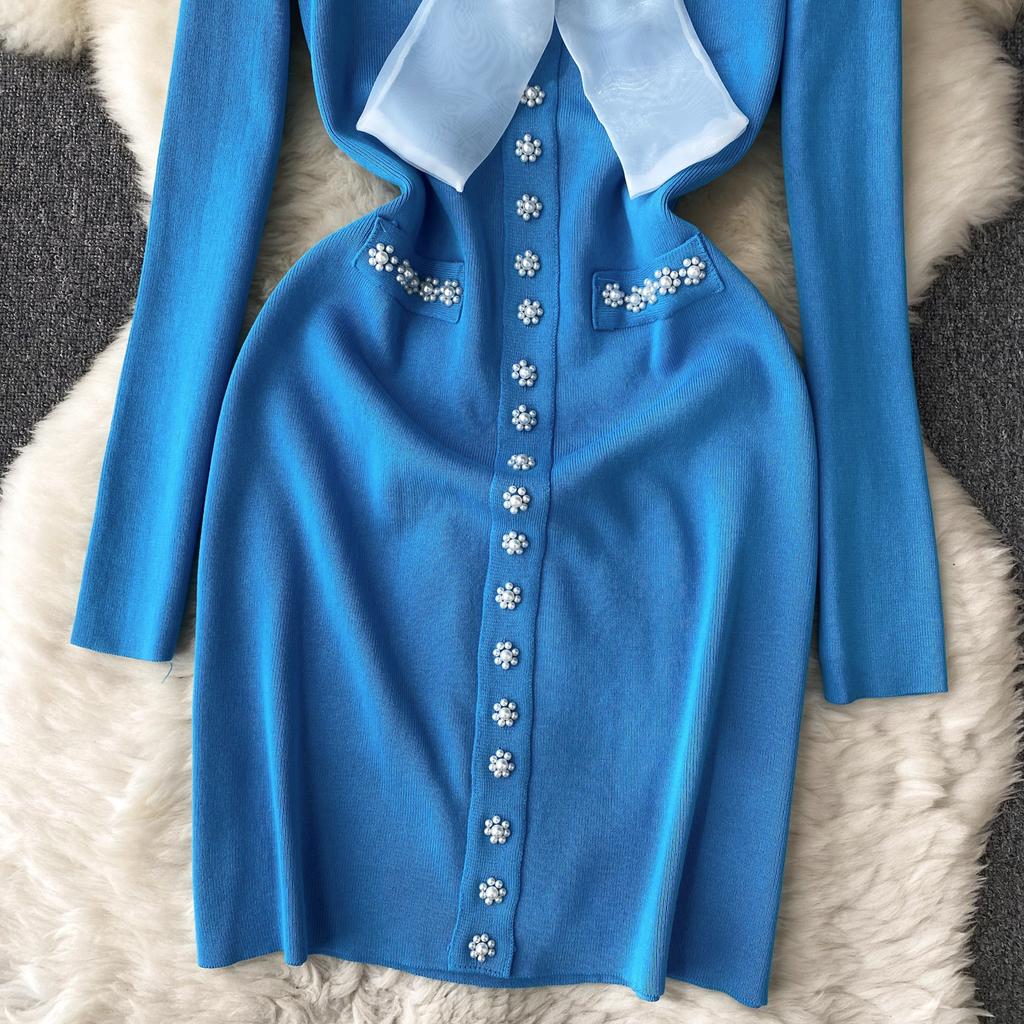 Elegant Bow High Waist Fashion Bodycon  Dress Long Sleeve Sexy Knit Elastic Tight Vestidos Autumn Winter Pencil Sweater Dress