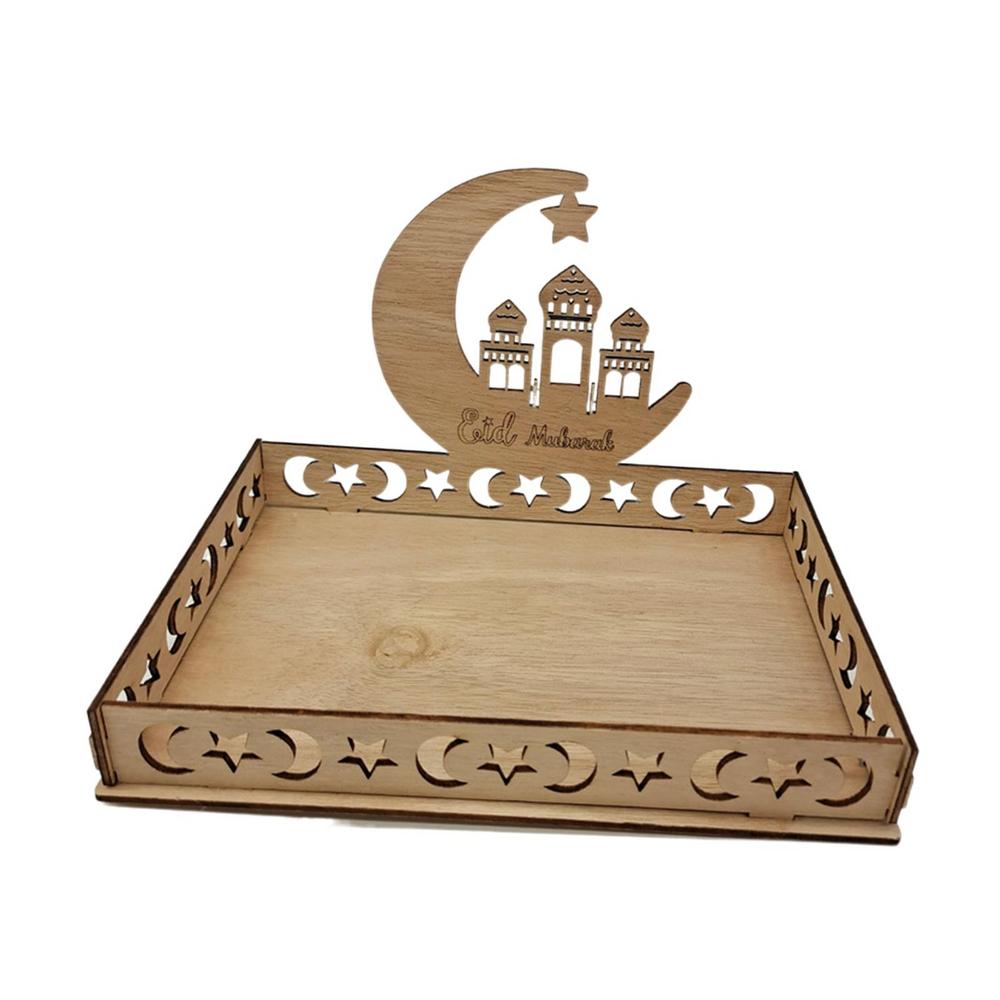 Classic Moon Star Mosque Wooden Eid Food Tray Dessert Fruit Cake Tray Table Decoration For Home Islamic Party Decor Eid Gifts