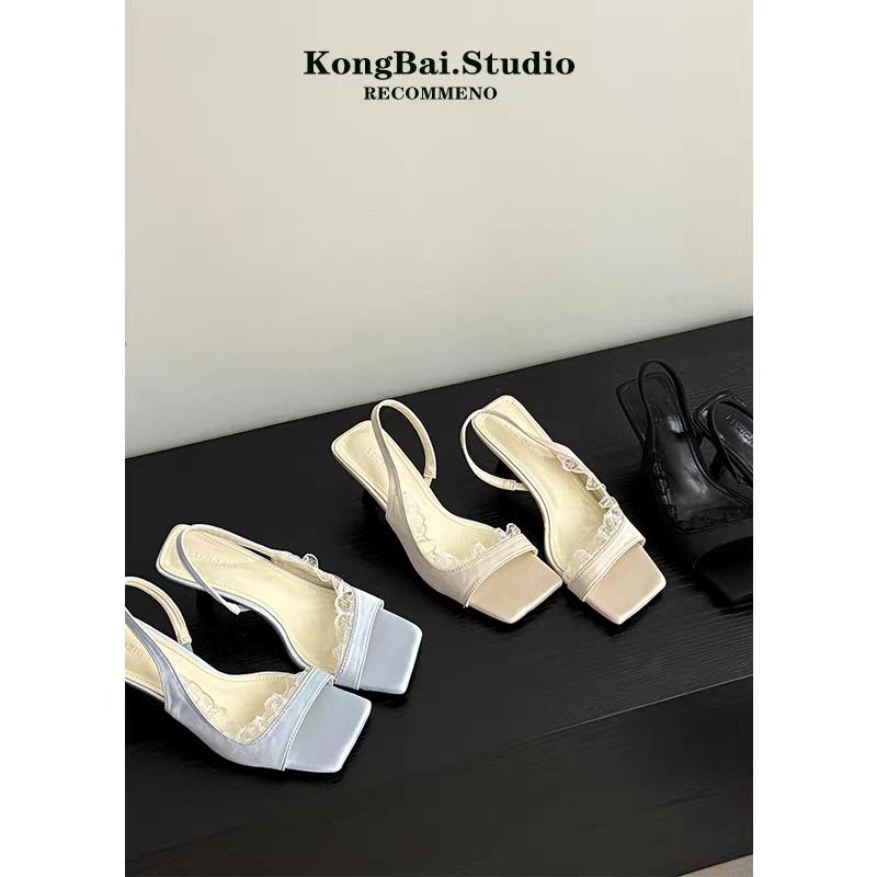 2025 summer new women's fashion square head suspender stiletto heels solid open-toe mid-heel sandals