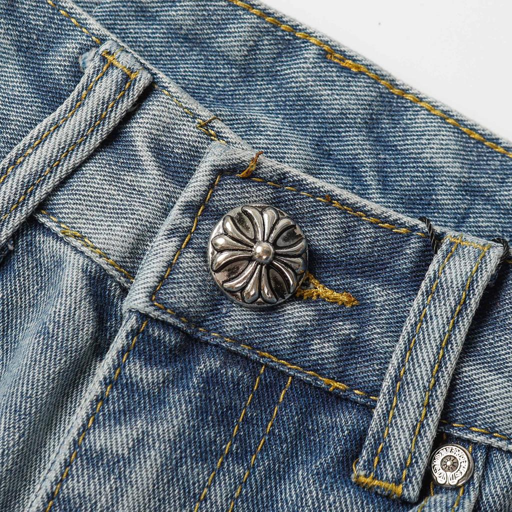 9912 CHROME HEARTS Men's and Women's American Style Trendy Jeans with Fabric Patches, Holes, Embroidery, Casual and Fashionable High Street Pants