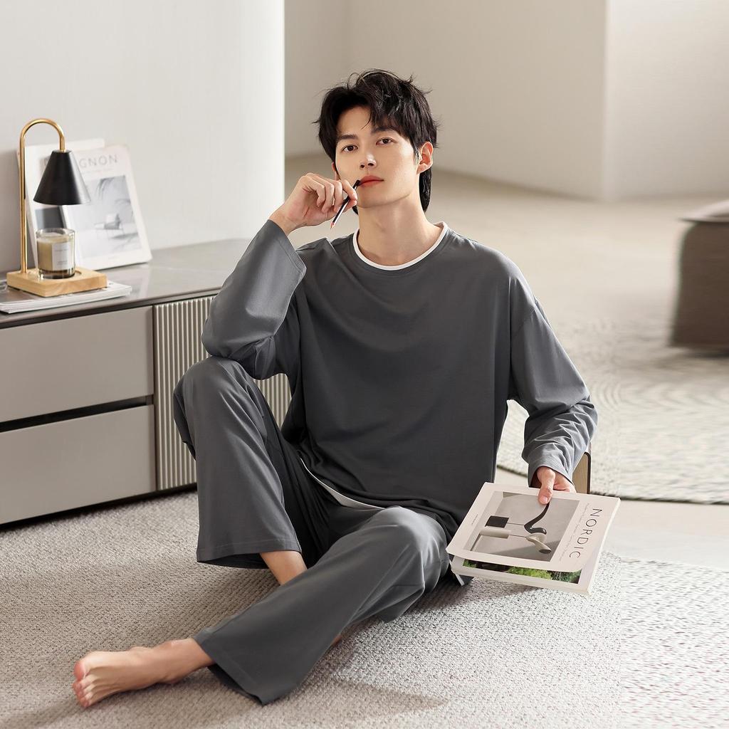 Men's Modal Long Sleeve Pajamas - Casual Spring/Autumn Wear, Teen & Plus Size