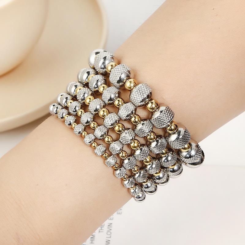 Couple Stainless Steel Stretch Bracelet Mixed Color Grid Beads Waterproof Durable Non-Fade Wristband