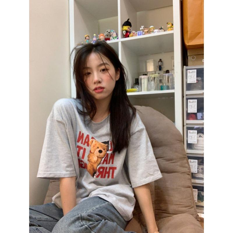 

Short-sleeved Women s Pure Cotton Tops for Summer Thin Printed Bear Loose T-shirt Design Niche Base Shirt 3XL серый
