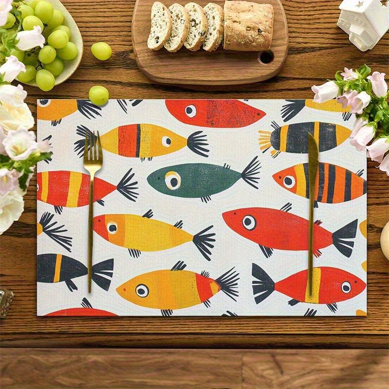Colorful Hand Drawn Fish Placemats 4pc Cute Cartoon Sea Life Dining Table Mats Kitchen Home Decor Accessory