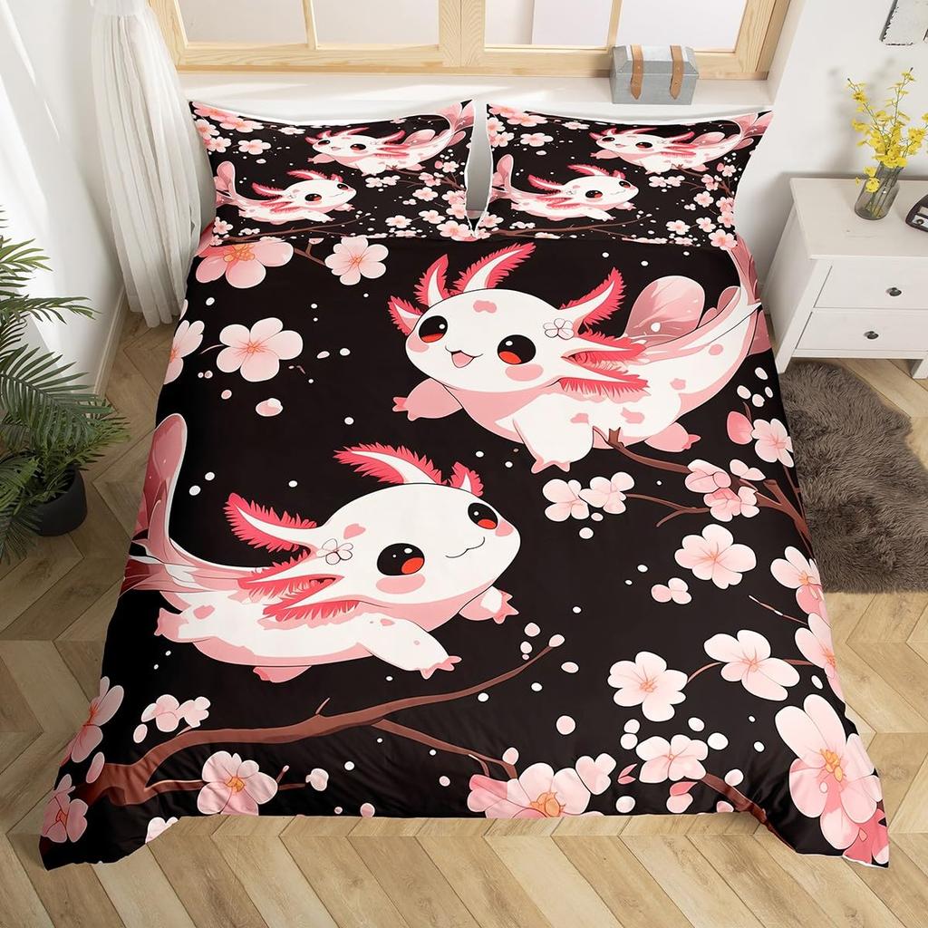 Cartoon Axolotl Duvet Cover Queen Twin Size Salamander Bedding Set for Kids Boys Girls Kawaii Sealife Creature Comforter Cover
