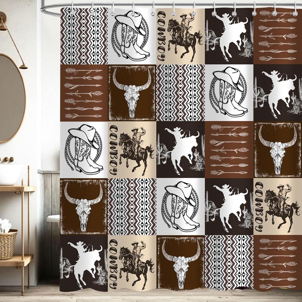 Cute Highland Cow Shower Curtain, Cactus Western Aztec Cattle Farm Animal Southwest Boho Bohemian Bathroom Curtains, Waterproof
