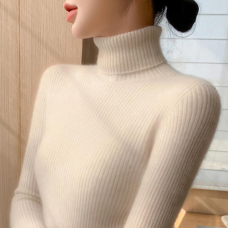Women's Cashmere Ribbed High Neck Sweater - Seamless, Slimming, Versatile Knitwear for Autumn/Winter