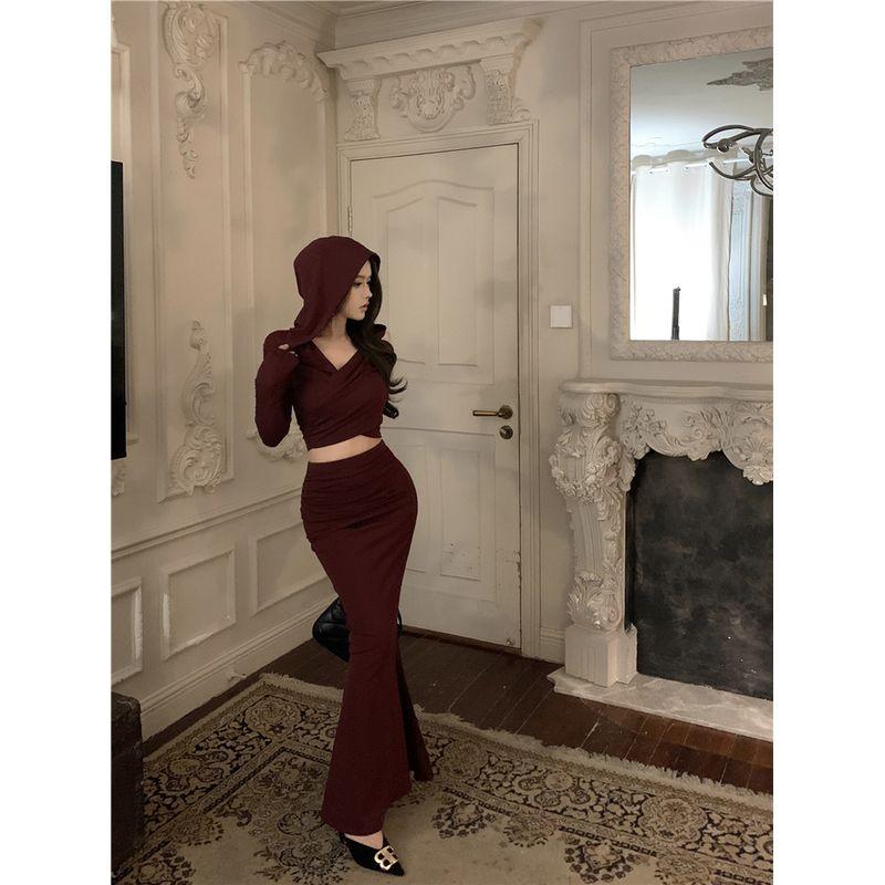 Kumikumi Pure Desire Style Set Hood Chic Long sleeves Shirt Women Autumn Slim fit Slimming Sheath Skirt Two-piece Set