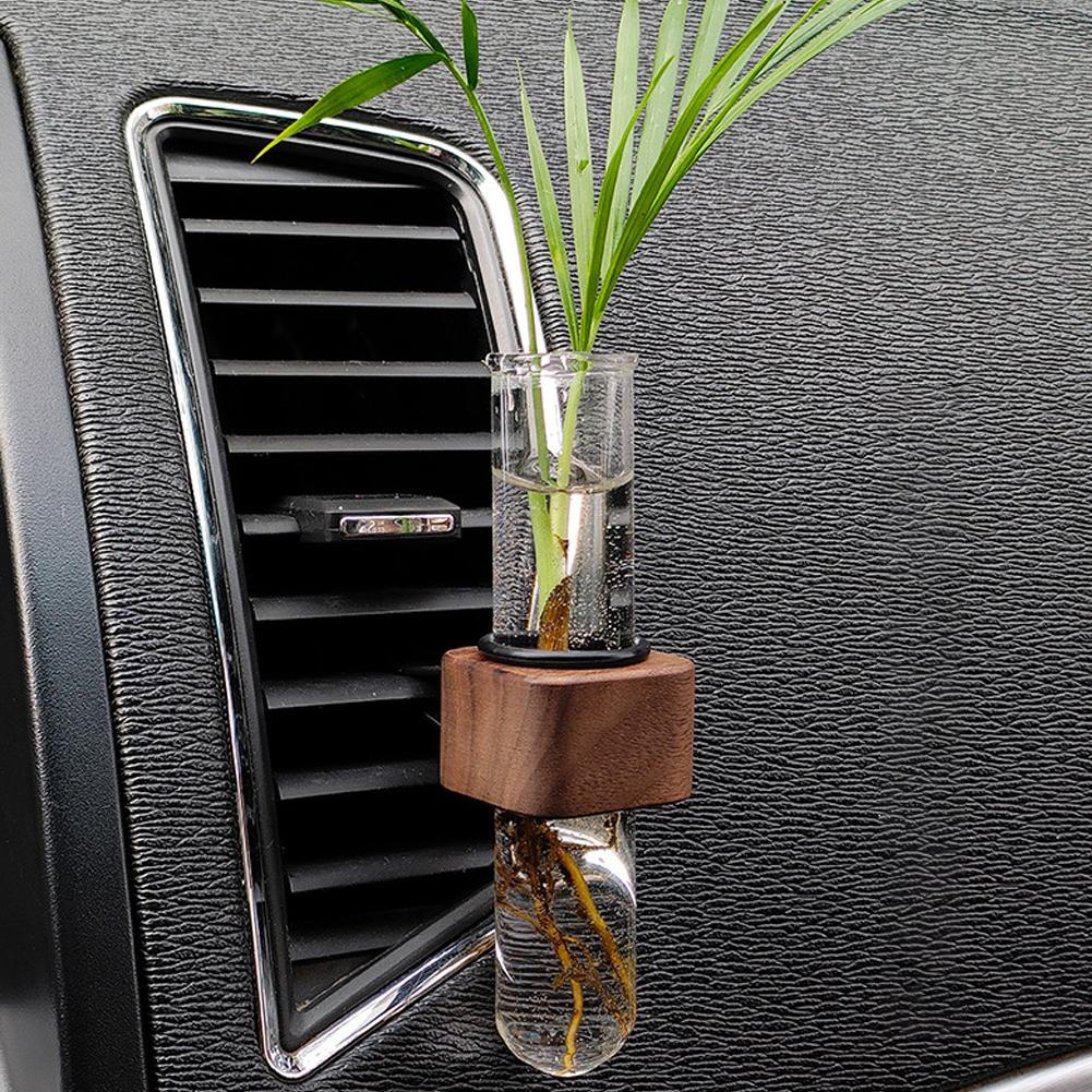 Wood Car Hydroculture Flower Vase Glass with Clip Air Vent Test Tube Flower Holder For Car Interior Plant Decor