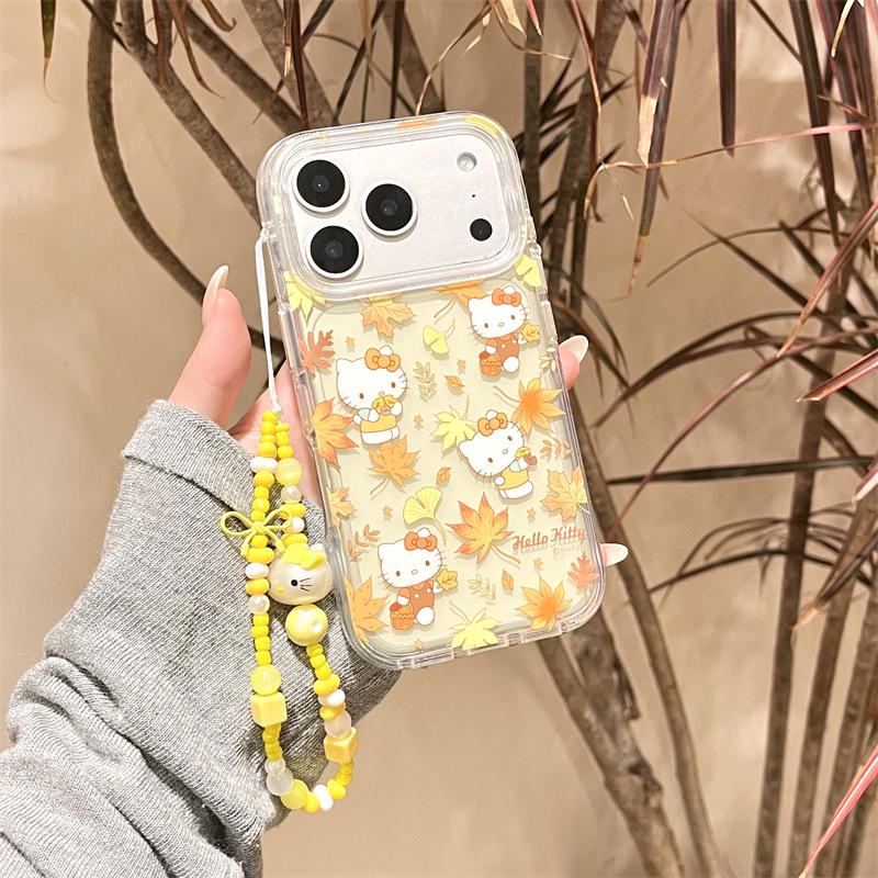 Hello Kitty Maple Leaf Phone Case for iPhone 17/16 Pro Max/15/14 - Autumn/Winter Translucent Yellow