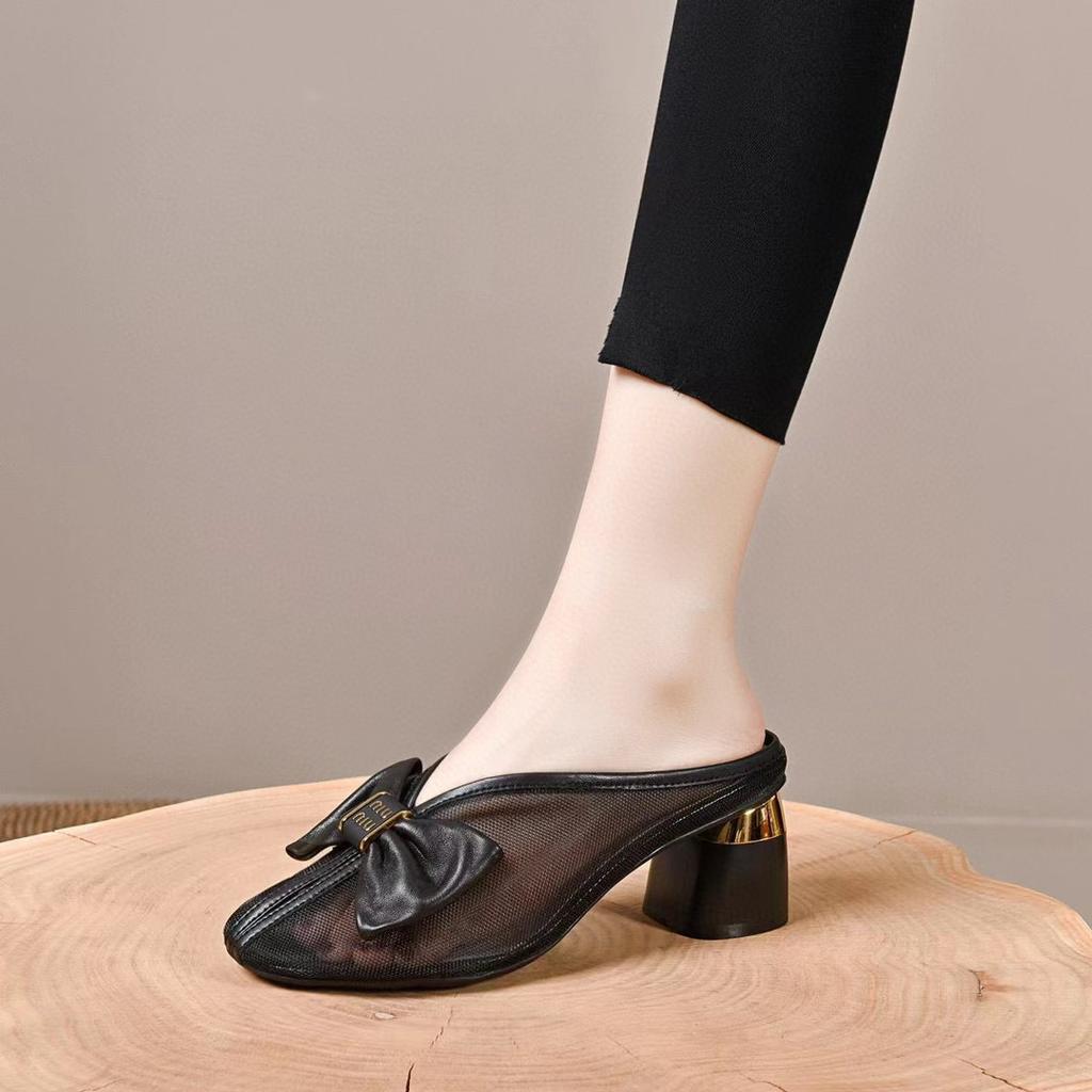 Slippers Women's Outer Wear 2025 Summer New Korean Version Bag Head Bow Mesh Slippers High Heel Fashion Lazy Slippers
