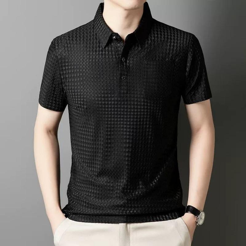 Men Short Sleeve Polo Shirt Solid Color Textured Grid Pattern Slim Fit Business Casual Summer Top